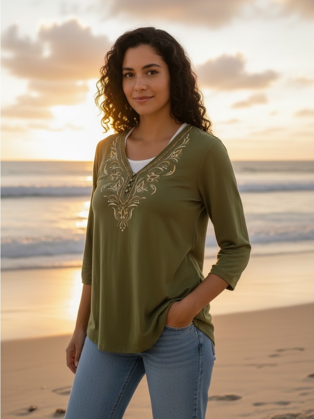 Karen Scott Green Embroidered Blouse